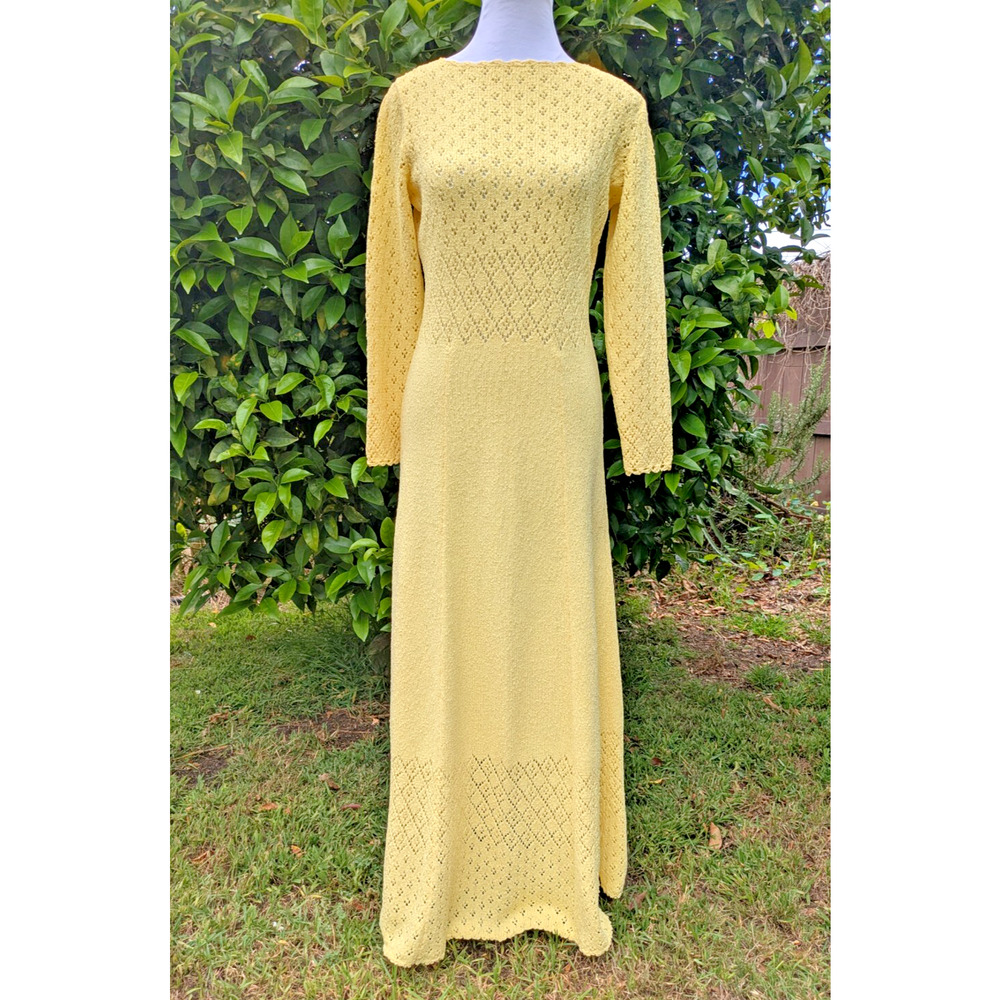 Antique VTG 60s Sunny Yellow Picardo Knits Heavyweight Crochet Maxi Dress M